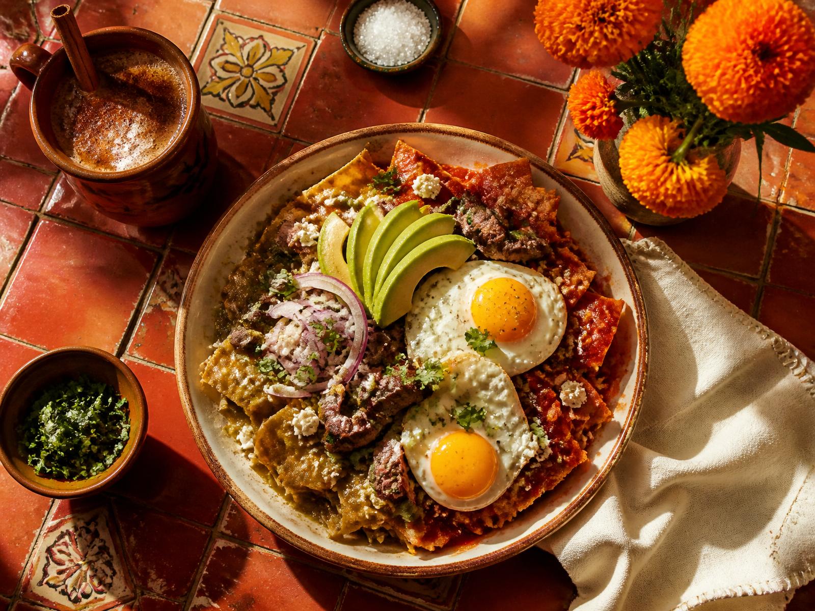 Steak chilaquiles with fried eggs, avocado, and a cinnamon café de olla on a terracotta tile table