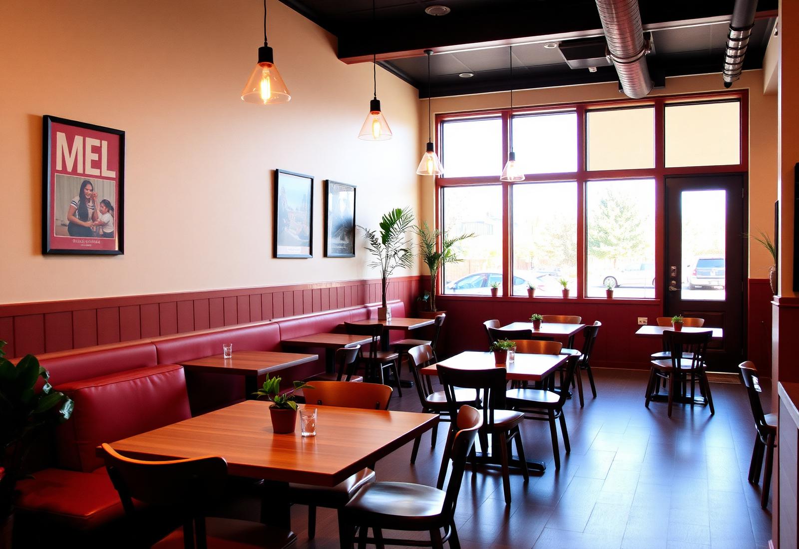 Warm café interior with wood tables and morning light